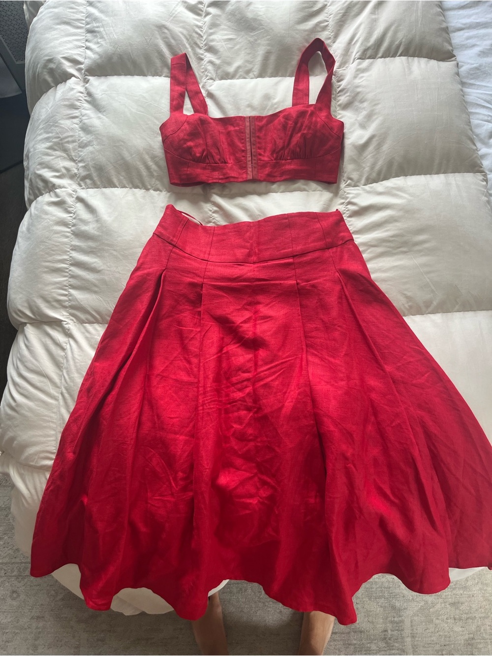 Reformation Red Structured Bralette and Pleated Midi Skirt Set Linen